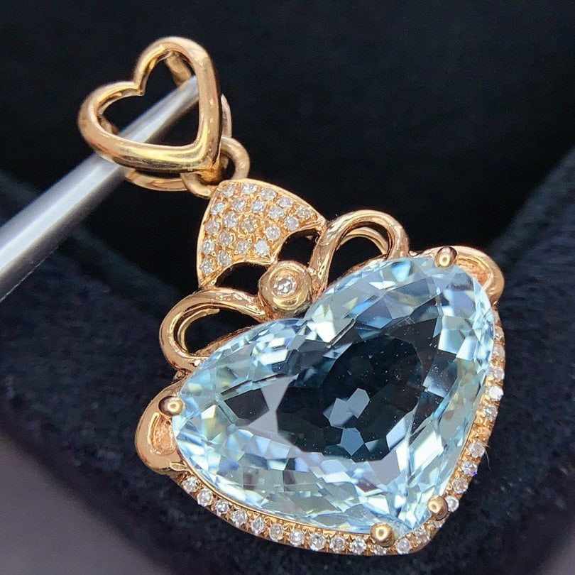 14k Gold 5.9 Ct Natural Aquamarine & Diamond Pendant( Without Chain ) - 6