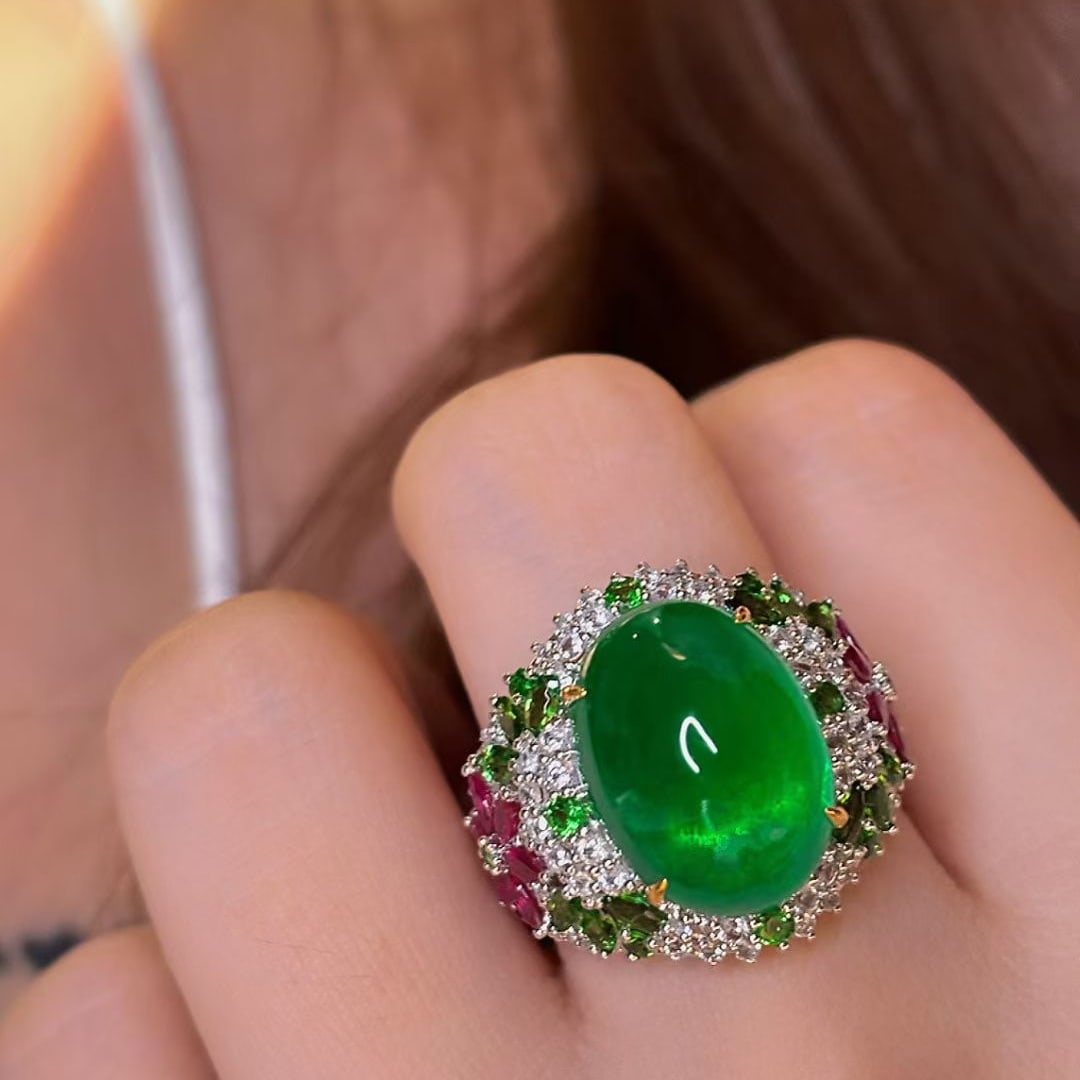 14k Gold 11 Ct Vivid Green Natural Emerald & Diamond & Tsavorite & Ruby Ring: Ref:231046148 // gold content:14k gold // ring size:7. 25us // // main gemstone:emerald // shape:oval // carat weight:11ct // color:vivid green // treatment:natural // // adjacent gemstone 2 :