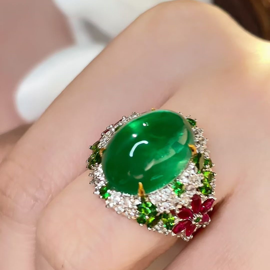 14k Gold 11 Ct Vivid Green Natural Emerald & Diamond & Tsavorite & Ruby Ring - 3
