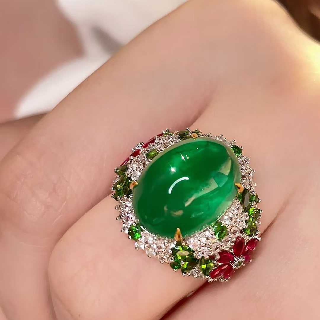 14k Gold 11 Ct Vivid Green Natural Emerald & Diamond & Tsavorite & Ruby Ring - 4