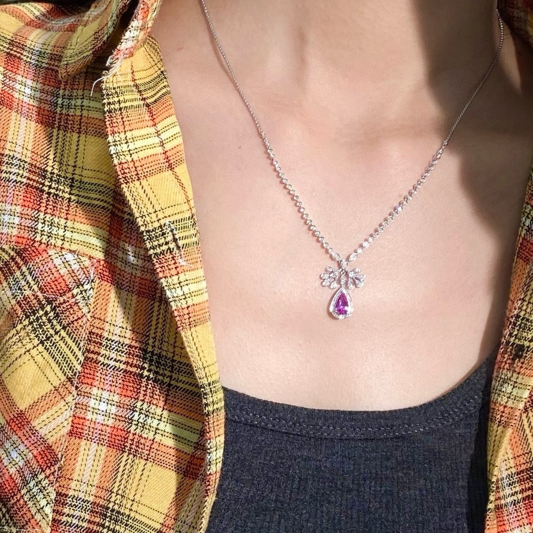 14k Gold 1.43 Ctw Natural Padparadscha Sapphire & Diamond Necklace - 3
