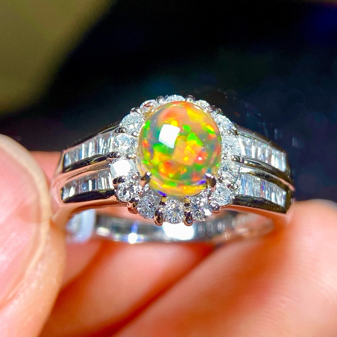 14k Gold 1.69 Ctw Natural Opal & Diamond Ring - 7