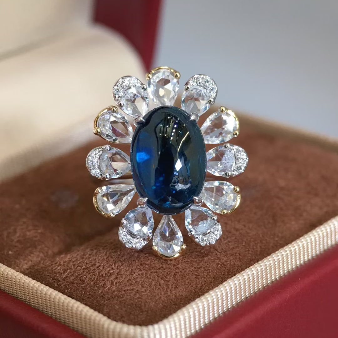 14k Gold 9.02 Ctw Natural Tourmaline & Sapphire Ring: Ref:231046181 // gold content:14k gold // ring size:7. 25us // // main gemstone:tourmaline // shape:oval // carat weight:5. 02ct // color:blue // treatment:natural // // adjacent gemstone 2 : sapphire