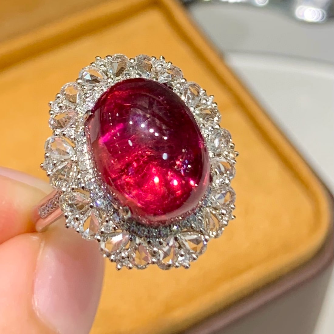 14k Gold 7.5 Ct Natural Tourmaline & Diamond & Sapphire Ring: Ref:231046182 // gold content:14k gold // ring size:7. 25us // // main gemstone:tourmaline // shape:oval // carat weight:7. 5ct // color:red // treatment:natural // // adjacent gemstone 2 : diamond