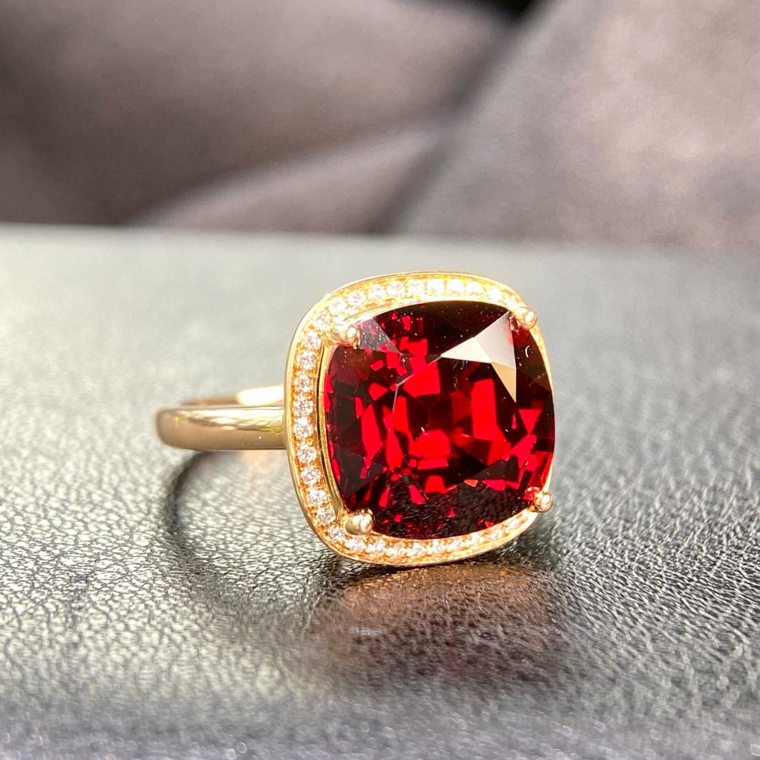 14k Gold 8.98 Ctw Natural Garnet & Diamond Ring: Ref:231046190 // gold content:14k gold // ring size:7. 25us // // main gemstone:garnet // shape:cushion // carat weight:8. 84ct // color:red // treatment:natural // // adjacent gemstone 2 : diamond
