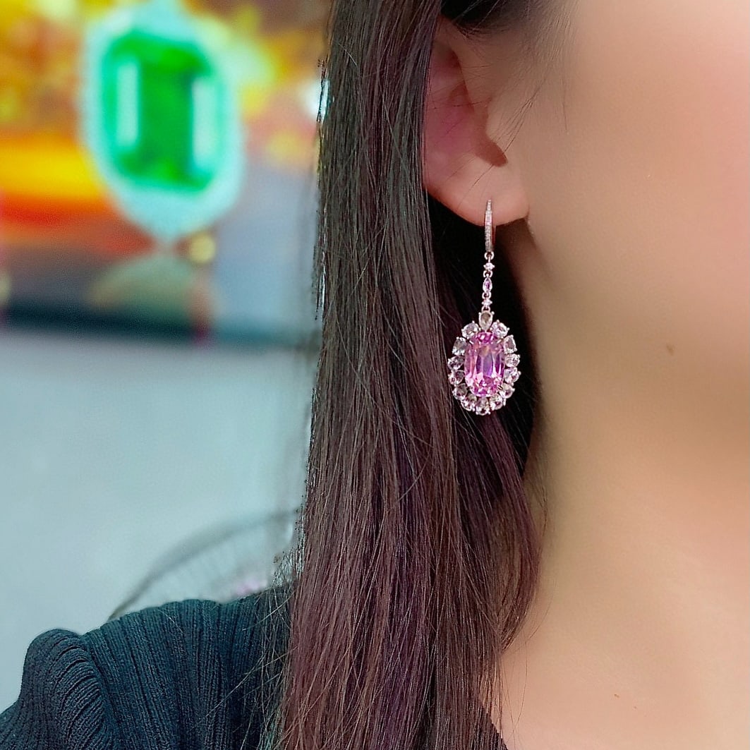 14k Gold 17.21 Ctw Natural Kunzite & Diamond Earrings - 7