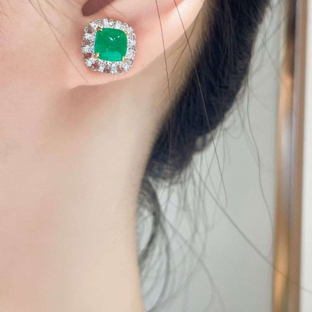 14k Gold 3.13 Ct Natural Emerald & Diamond & Sapphire Earrings - 2