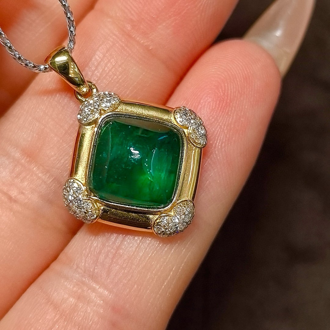 14k Gold 3.54 Ctw Vivid Green Natural Emerald & Diamond Pendant( Without Chain ) - 5