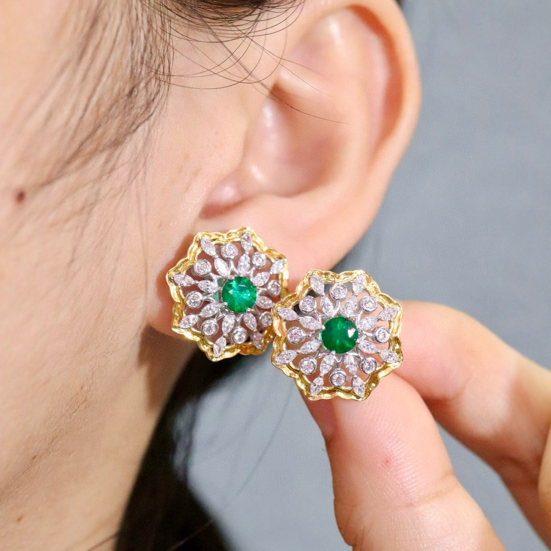 14k Gold 2.71 Ctw Vivid Green Natural Emerald & Lab Grown Diamond Earrings - 5