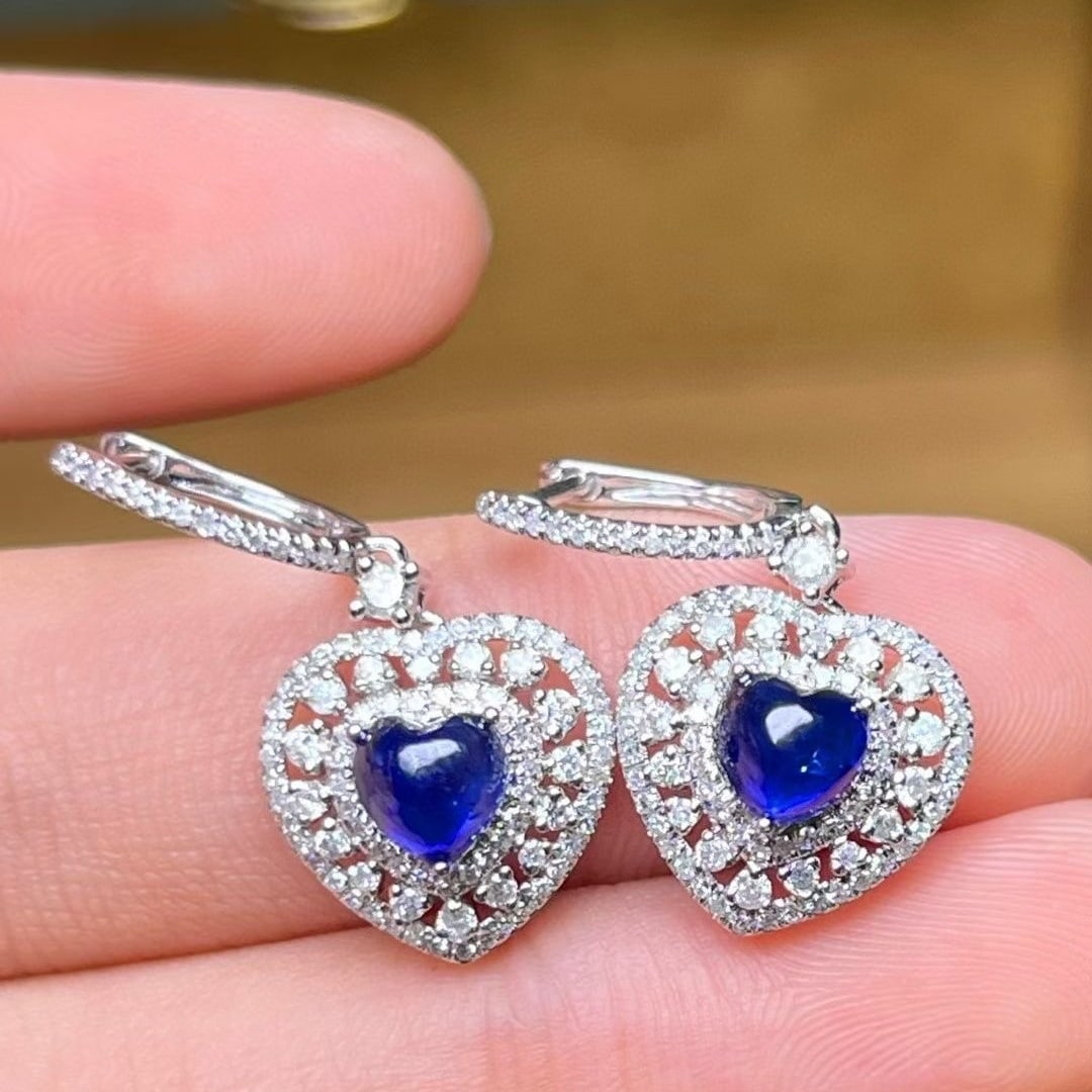 14k Gold 1.6 Ct Natural Sapphire & Diamond Earrings - 2