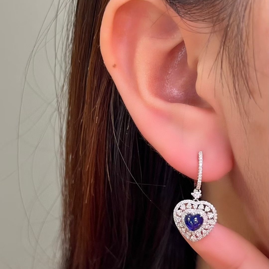 14k Gold 1.6 Ct Natural Sapphire & Diamond Earrings - 4