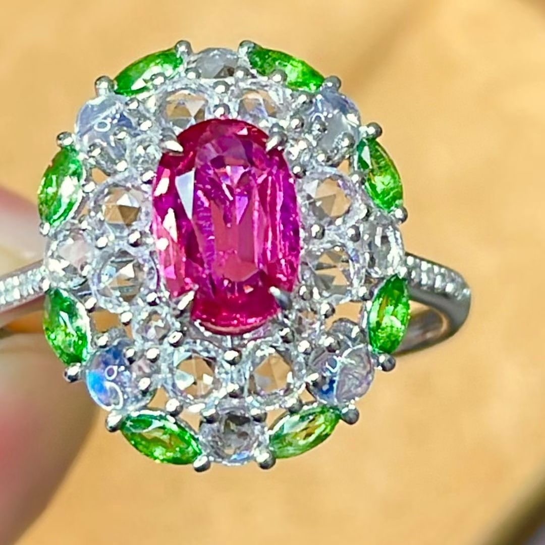 14k Gold 1 Ct Natural Ruby & Diamond & Tsavorite Ring - 5