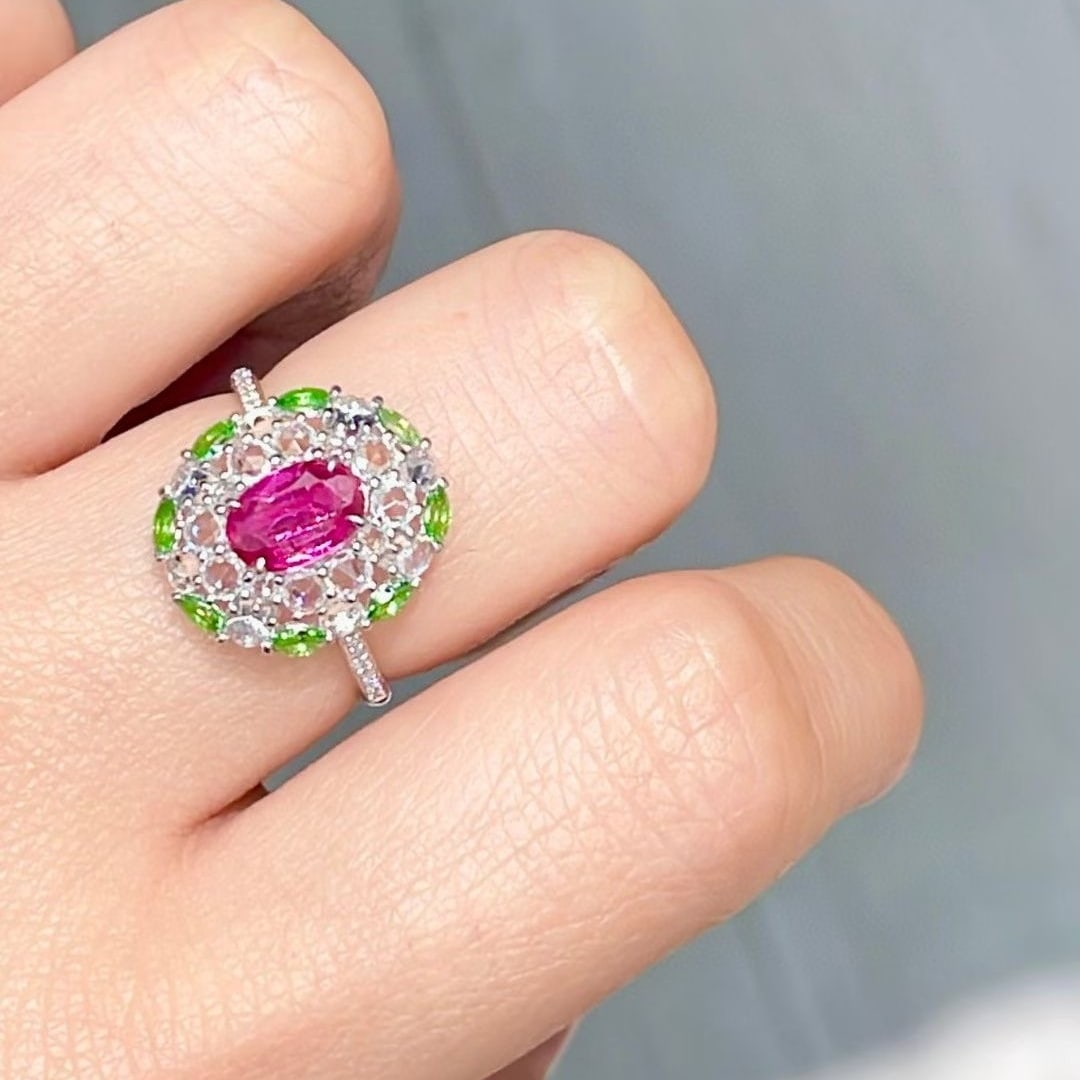 14k Gold 1 Ct Natural Ruby & Diamond & Tsavorite Ring - 6