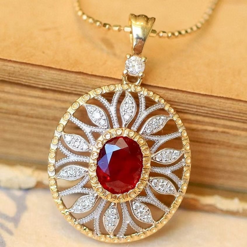 14k Gold 0.65 Ctw Natural Ruby & Diamond Pendant( Without Chain ): Ref:231046235 // gold content:14k gold // main gemstone:ruby // shape:oval // carat weight:0. 54ct // color:pigeonblood red // treatment:natural // // adjacent gemstone 2 : diamond // shape:round // c