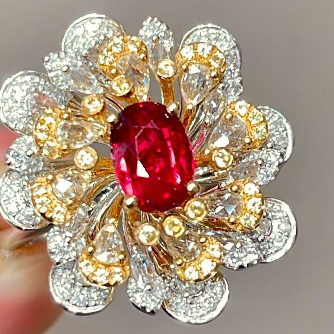 14k Gold 1.88 Ctw Natural Ruby & Diamond Ring: Ref:231046236 // gold content:14k gold // ring size:7. 25us // // main gemstone:ruby // shape:oval // carat weight:1ct // color:pigeonblood red // treatment:natural // // adjacent gemstone 2 : diamond