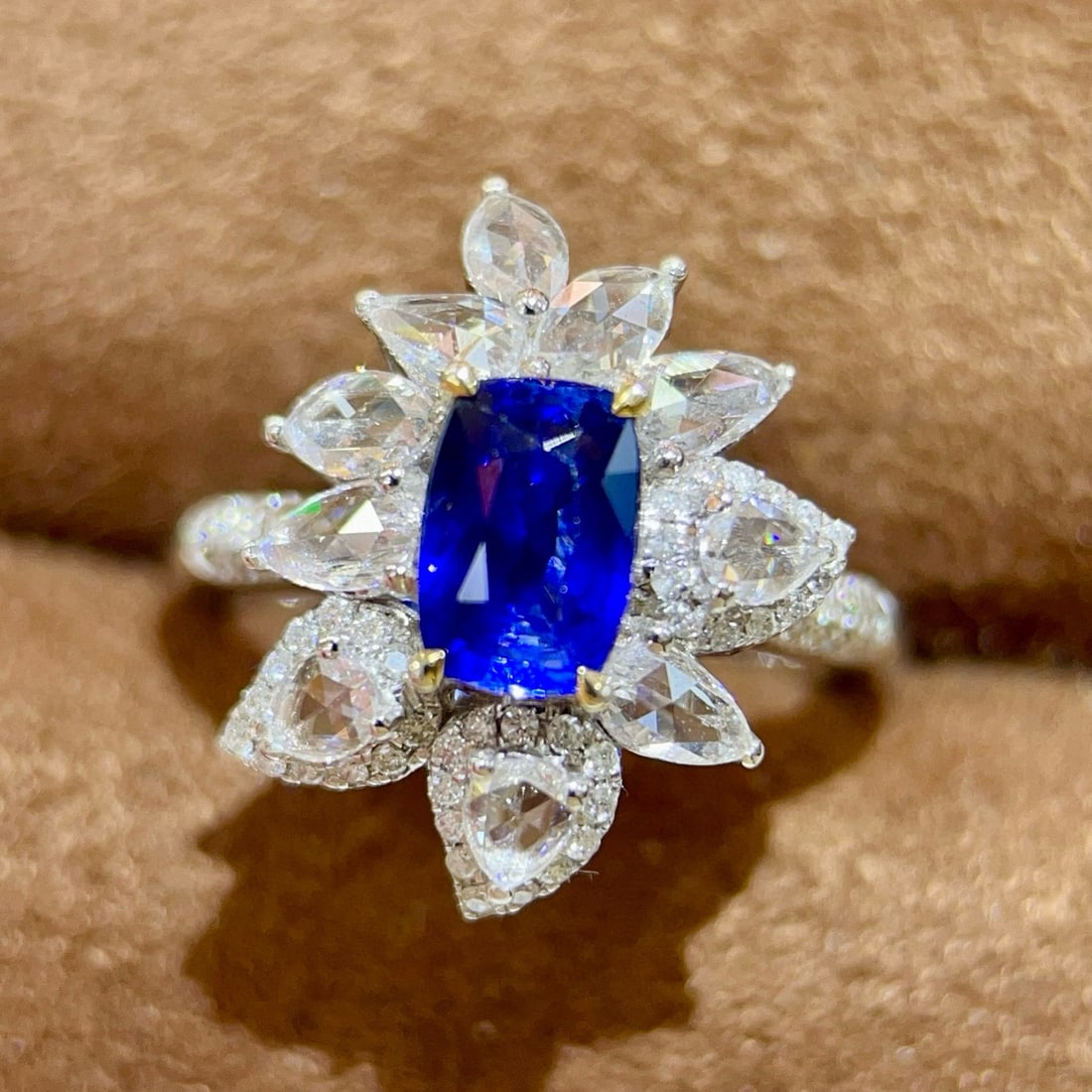 14k Gold 1.85 Ctw Vivid Blue Natural Sapphire & Diamond Ring: Ref:231046238 // gold content:14k gold // ring size:7. 25us // // main gemstone:sapphire // shape:cushion // carat weight:1. 30ct // color:vivid blue // treatment:natural // // adjacent gemstone 2 :