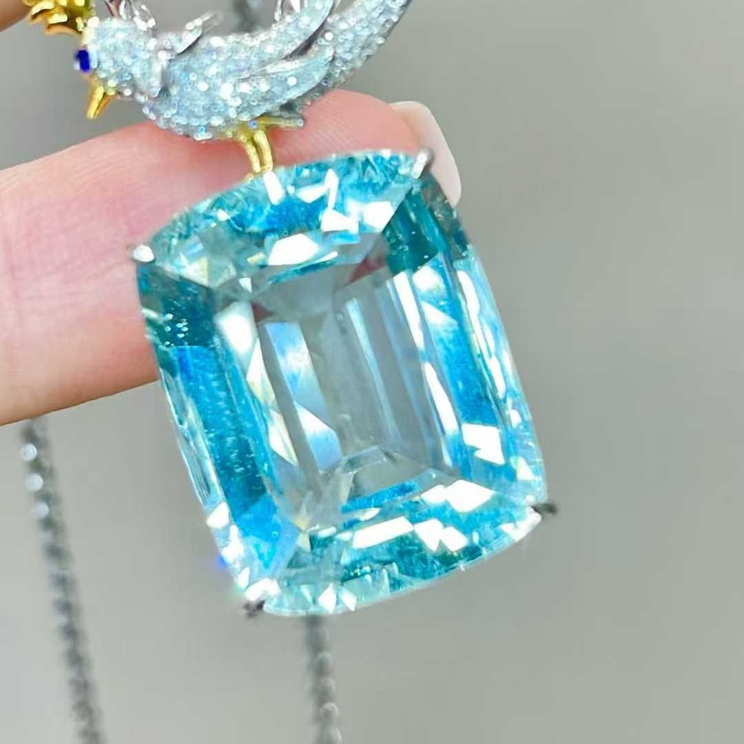 14k Gold 19 Ct Natural Aquamarine & Diamond Pendant( Without Chain ) - 4