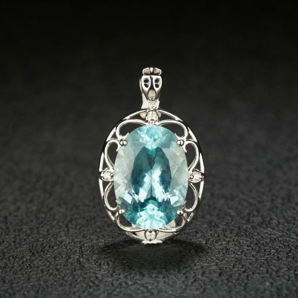 14k Gold 7.03 Ct Natural Aquamarine & Diamond Pendant( Without Chain ): Ref:231046257 // gold content:14k gold // main gemstone:aquamarine // shape:oval // carat weight:7. 03ct // color:santa maria color // treatment:natural // // adjacent gemstone 2 : diamond //