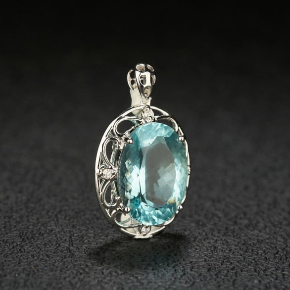 14k Gold 7.03 Ct Natural Aquamarine & Diamond Pendant( Without Chain ) - 2