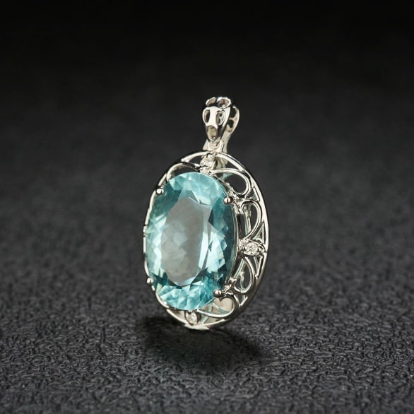 14k Gold 7.03 Ct Natural Aquamarine & Diamond Pendant( Without Chain ) - 3
