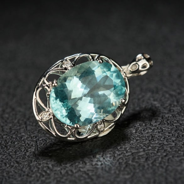 14k Gold 7.03 Ct Natural Aquamarine & Diamond Pendant( Without Chain ) - 5