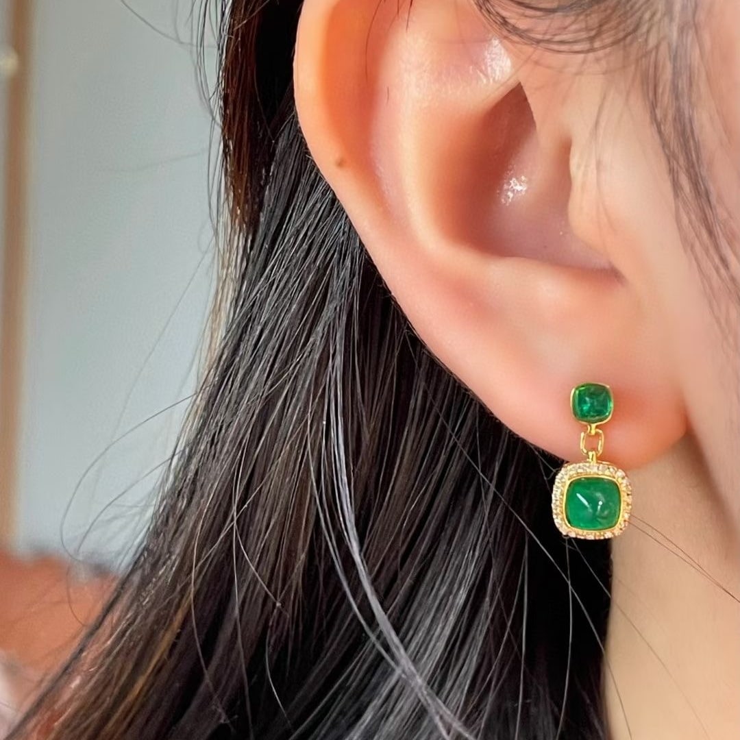 14k Gold 1.65 Ct Natural Emerald & Diamond Earrings - 3