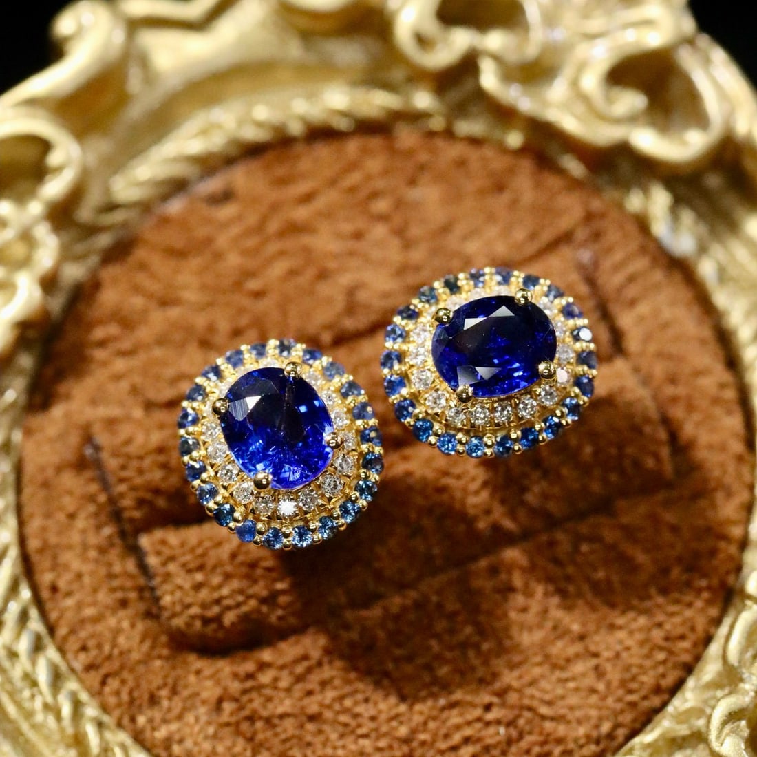 14k Gold 1.11 Ctw Vivid Blue Natural Sapphire & Diamond Earrings - 2