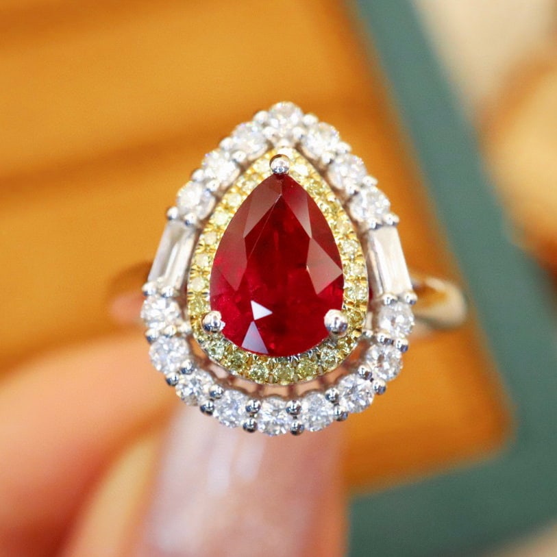 14k Gold 1.98 Ctw Natural Ruby & Diamond Ring/pendant( Without Chain ): Ref:231046272 // gold content:14k gold // ring size:7. 25us // // main gemstone:ruby // shape:pear // carat weight:1. 47ct // color:pigeonblood red // treatment:natural // // adjacent gemstone 2 :