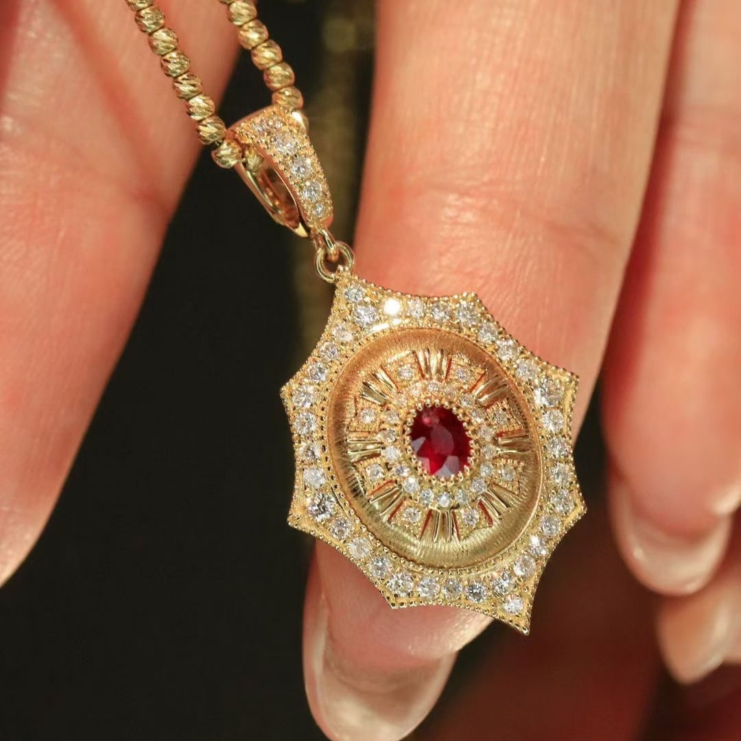 14k Gold 0.55 Ctw Natural Ruby & Diamond Pendant( Without Chain ): Ref:231046295 // gold content:14k gold // main gemstone:ruby // shape:oval // carat weight:0. 2ct // color:red // treatment:natural // // adjacent gemstone 2 : diamond // shape:round // carat weight:0