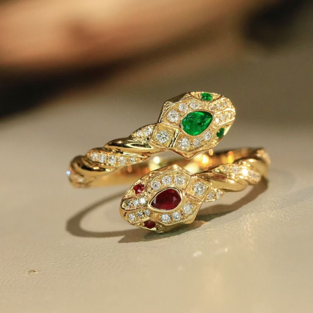 14k Gold 0.4 Ctw Natural Emerald & Ruby & Diamond Ring - 2