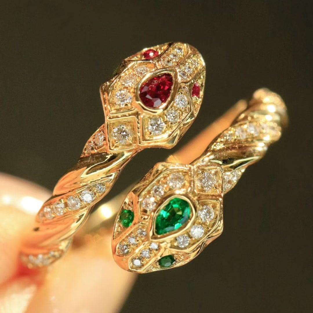 14k Gold 0.4 Ctw Natural Emerald & Ruby & Diamond Ring - 3
