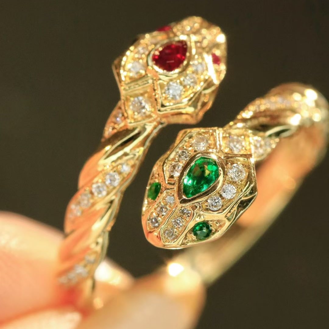 14k Gold 0.4 Ctw Natural Emerald & Ruby & Diamond Ring - 6
