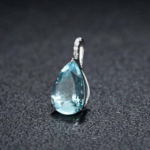 14k Gold 3.58 Ct Natural Aquamarine & Diamond Pendant( Without Chain ) - 3
