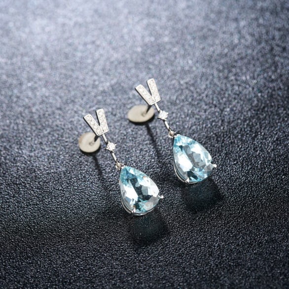 14k Gold 3.58 Ct Natural Aquamarine & Diamond Earrings - 2
