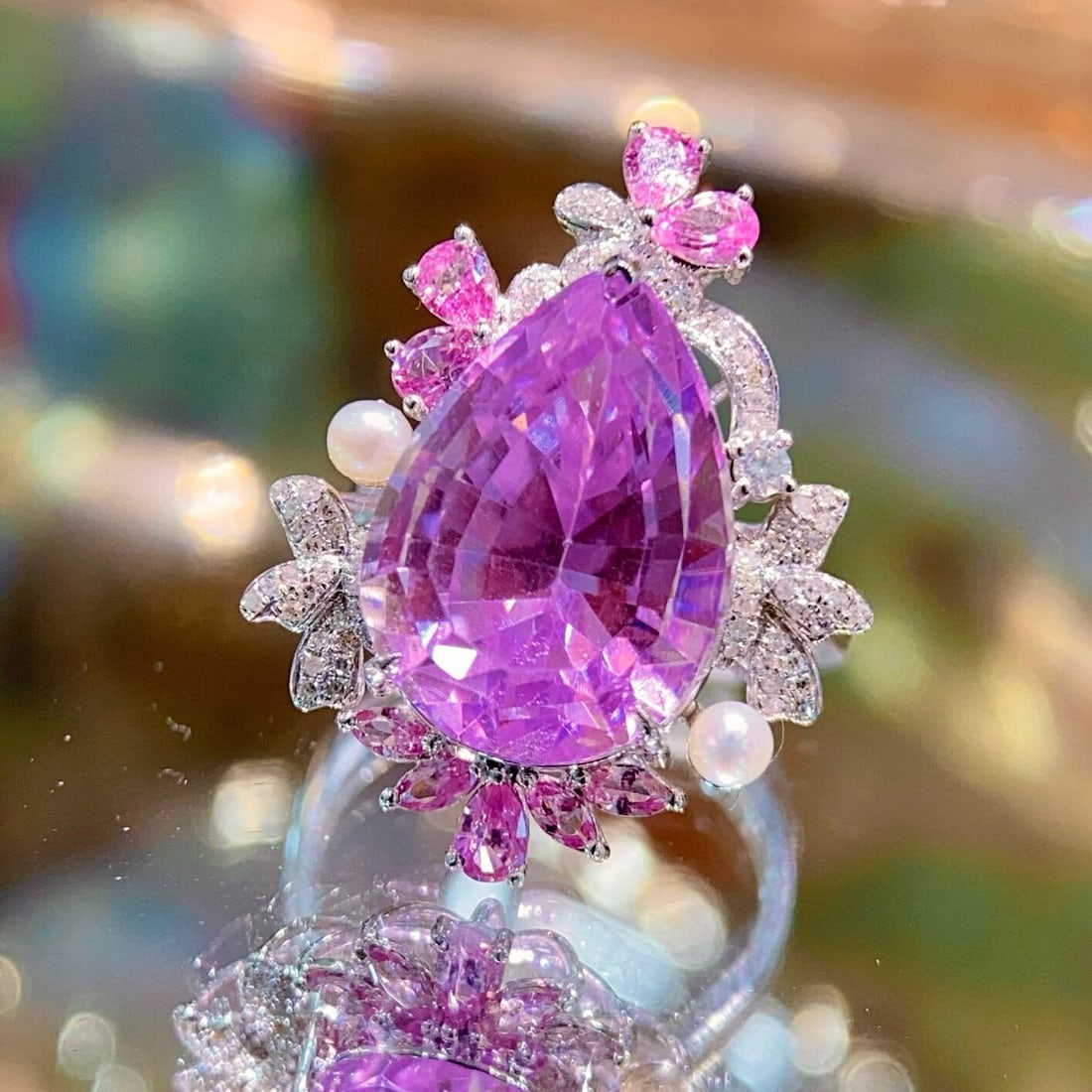 14k Gold 13.5 Ct Natural Kunzite & Diamond Ring - 2