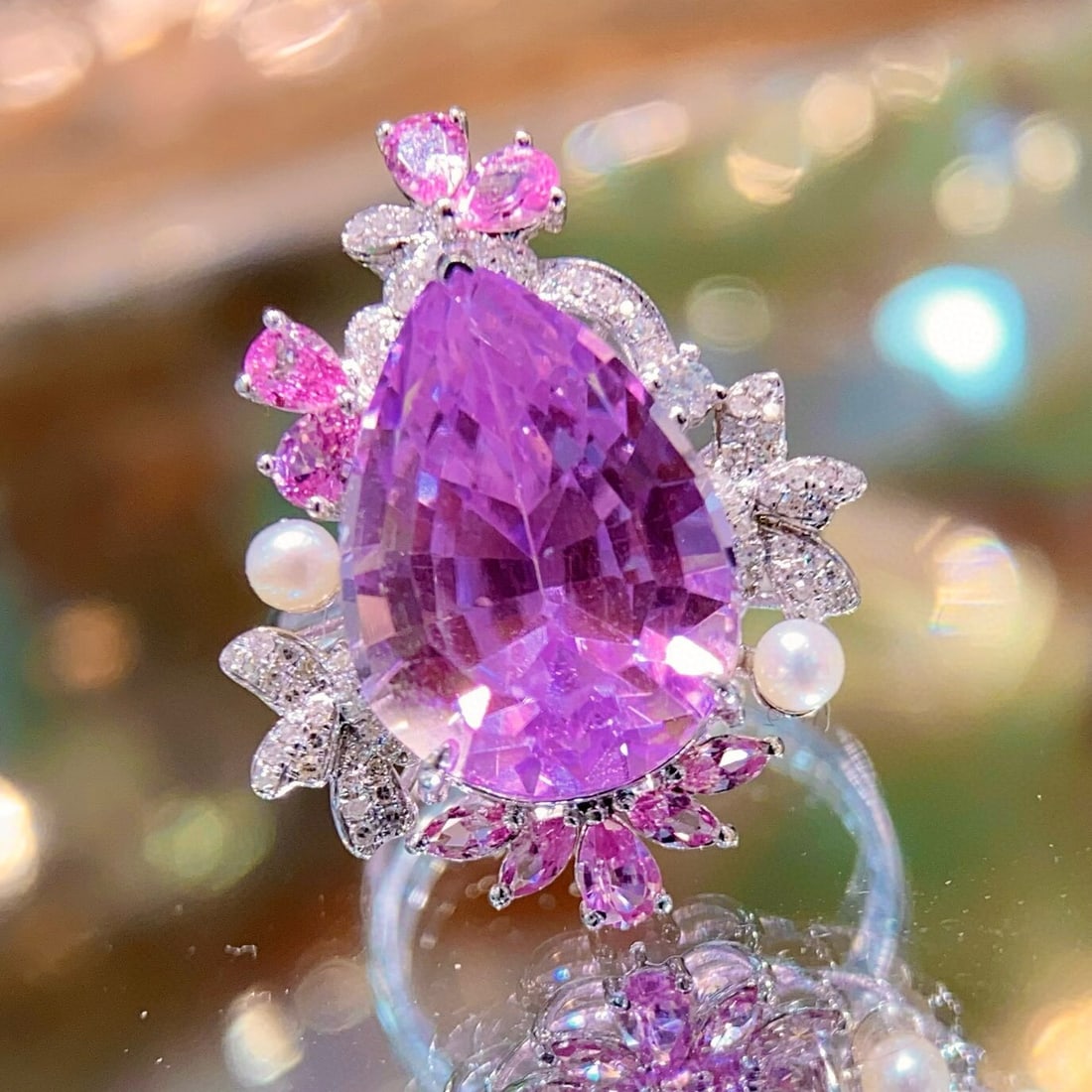 14k Gold 13.5 Ct Natural Kunzite & Diamond Ring - 3