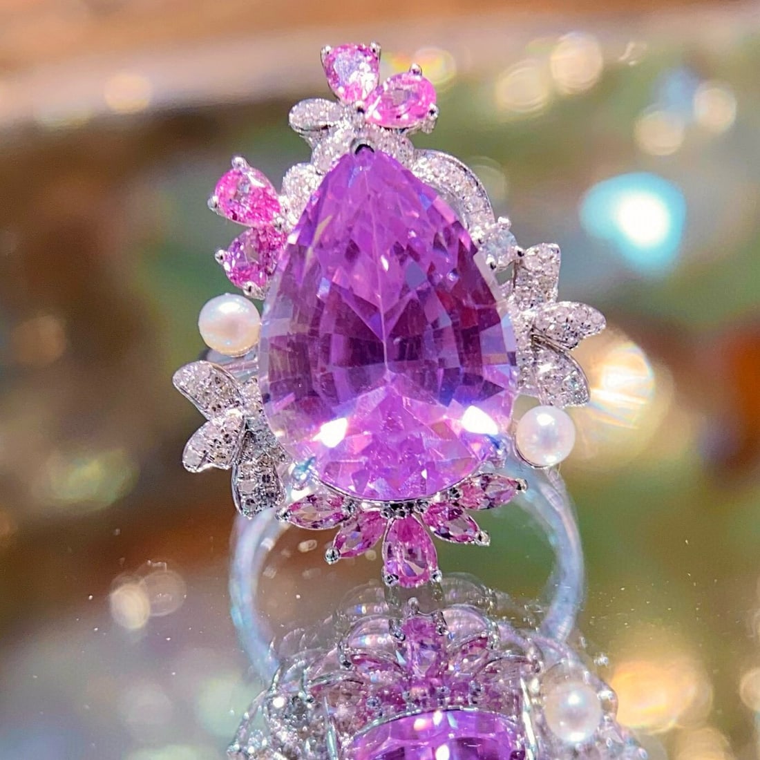 14k Gold 13.5 Ct Natural Kunzite & Diamond Ring - 5