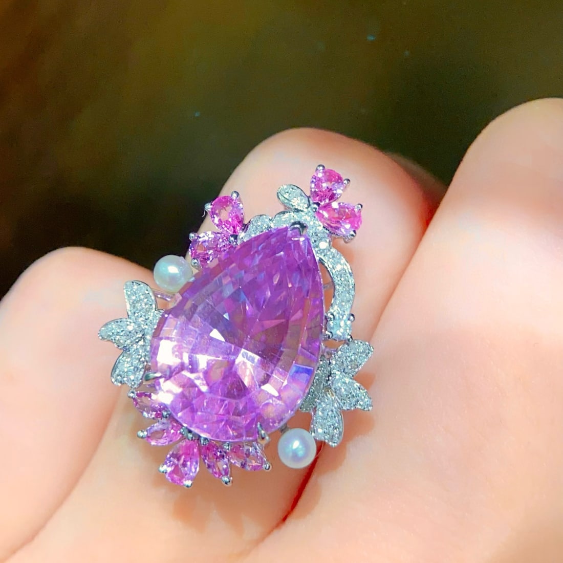 14k Gold 13.5 Ct Natural Kunzite & Diamond Ring - 6