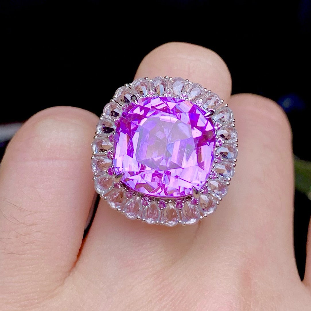 14k Gold 17.5 Ct Natural Kunzite & Sapphire Ring - 3