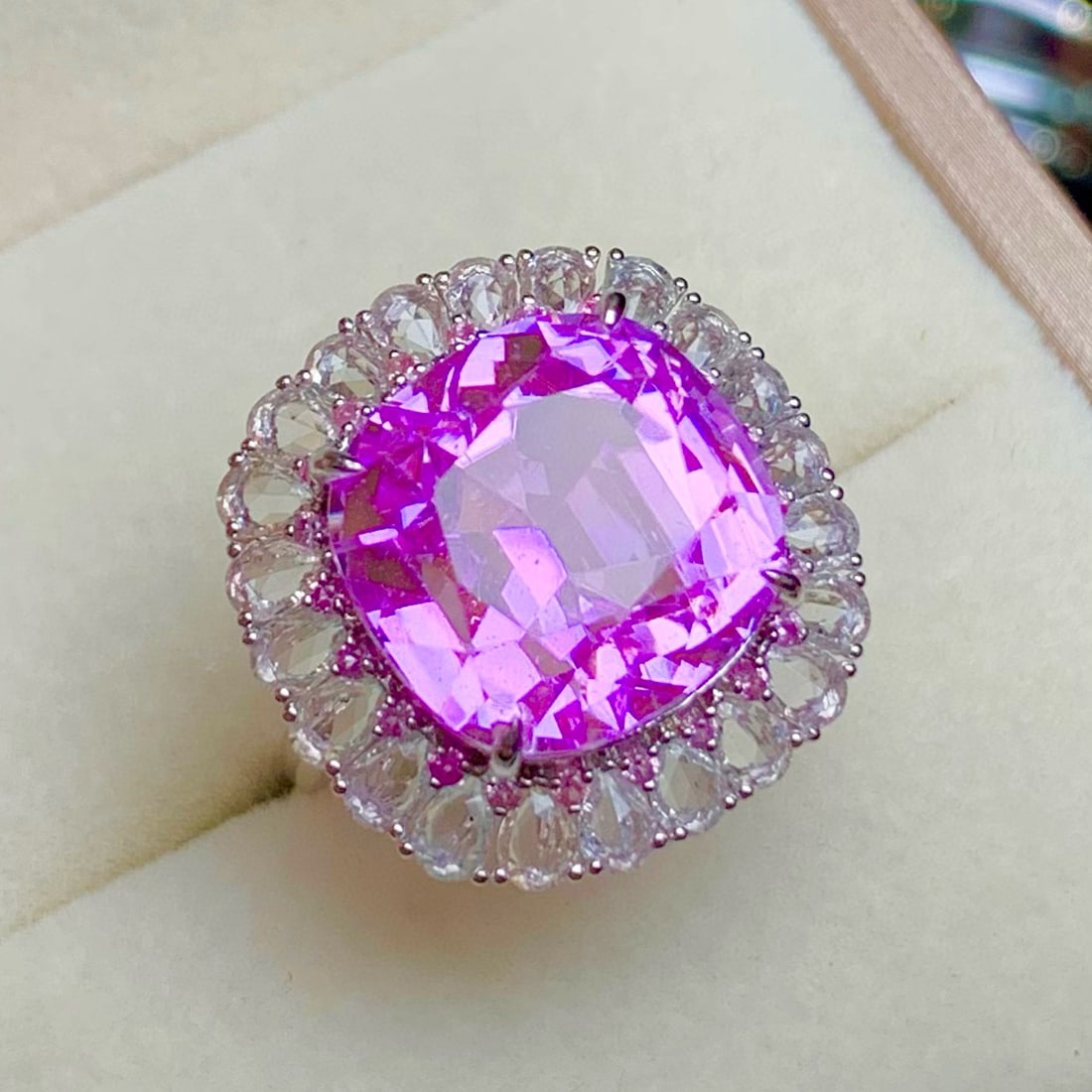 14k Gold 17.5 Ct Natural Kunzite & Sapphire Ring - 5
