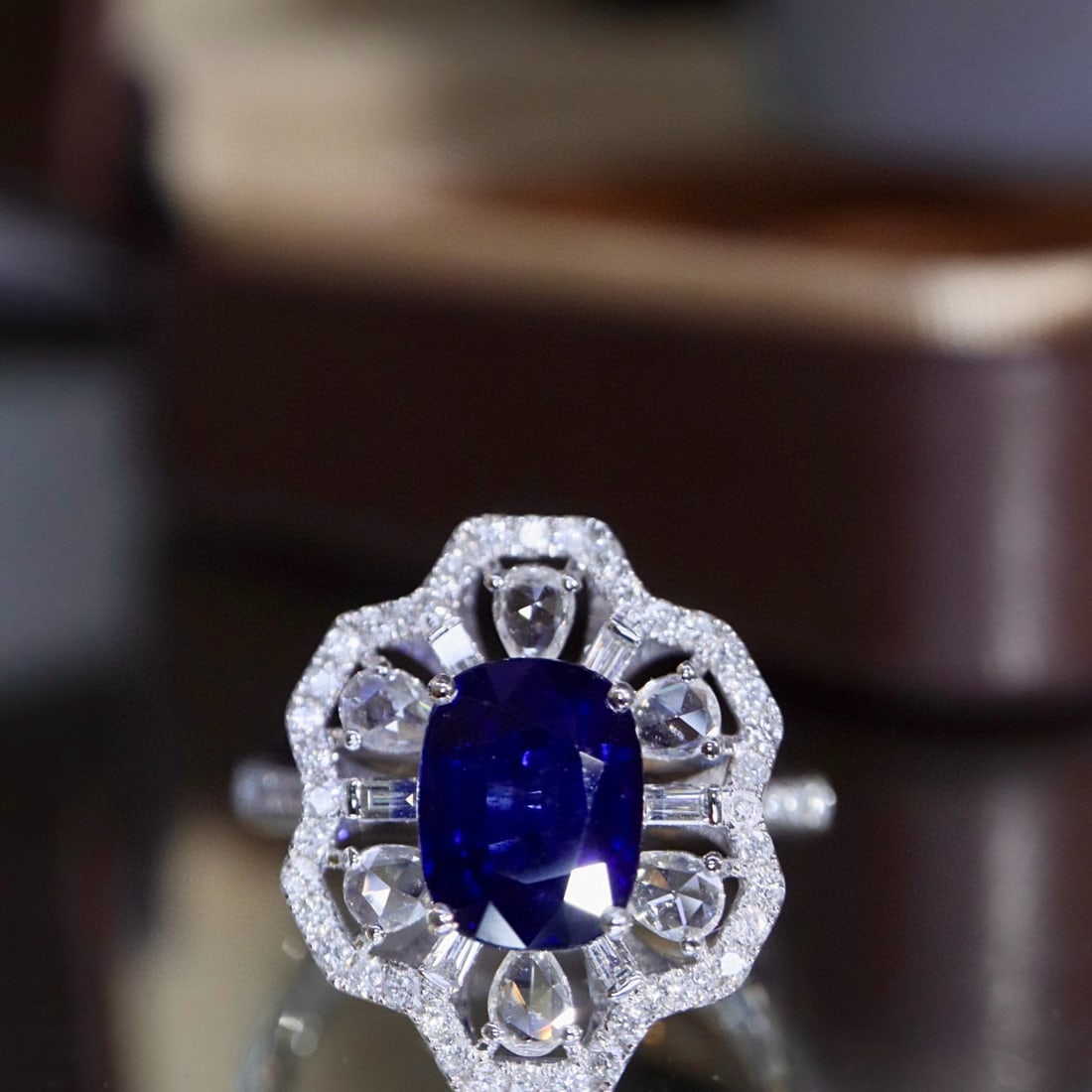 14k Gold 3.15 Ctw Natural Sapphire & Diamond Ring: Ref:231046319 // gold content:14k gold // ring size:7. 25us // // main gemstone:sapphire // shape:cushion // carat weight:2. 45ct // color:royal blue // treatment:natural // // adjacent gemstone 2 : d