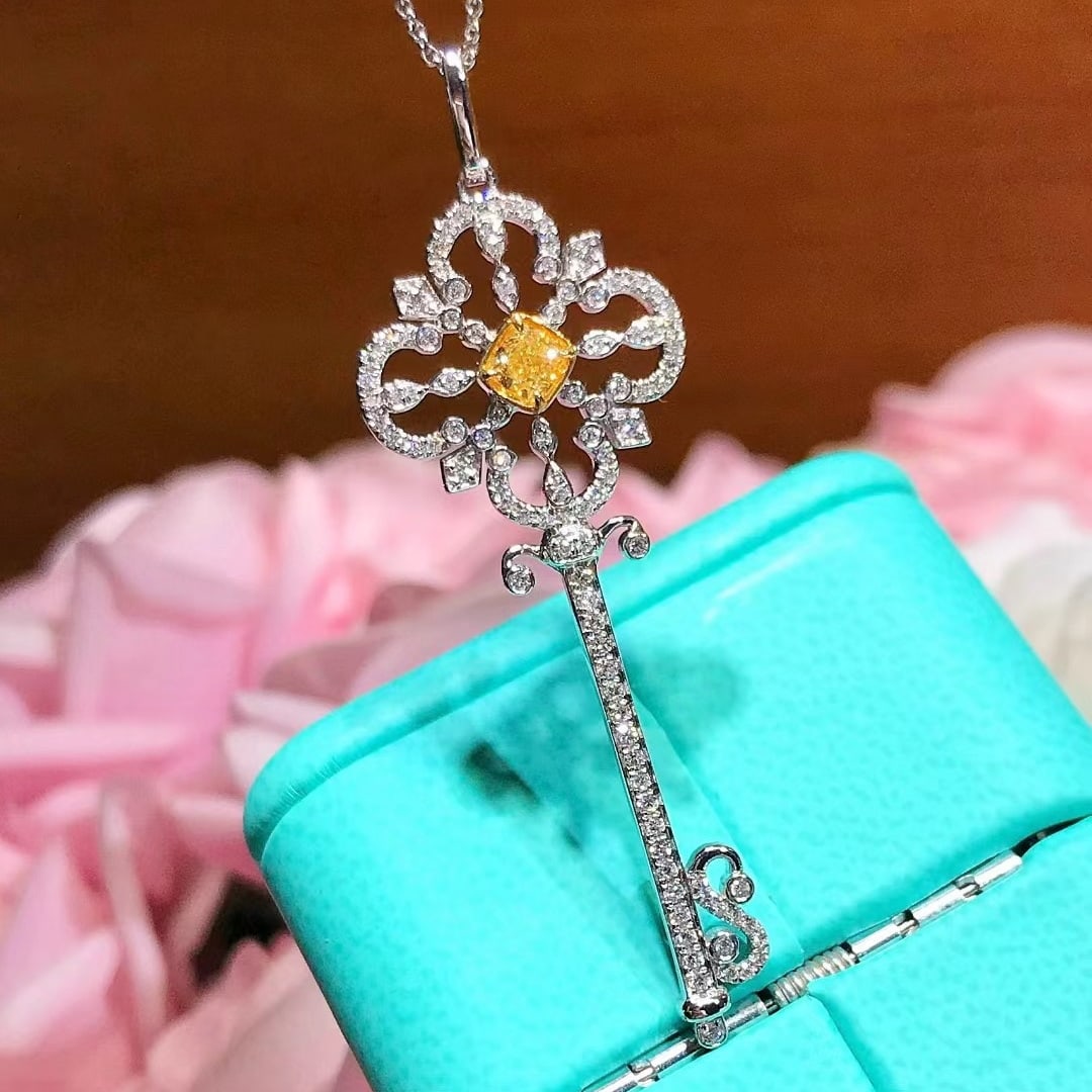 14k Gold 0.77 Ctw Natural Yellow Diamond & Diamond Necklace: Ref:231046339 // gold content:14k gold // main gemstone:yellow diamond // shape:cushion // carat weight:0. 28ct // color:yellow // treatment:natural // // adjacent gemstone 2 : diamond // shape:round