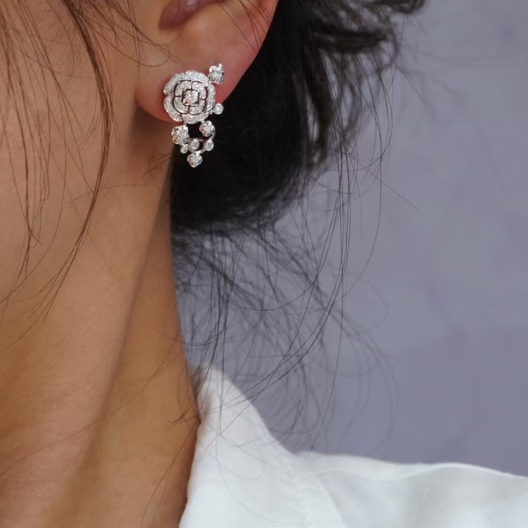 14k Gold 0.6 Ct Natural H Diamond & Flowers Earrings - 6