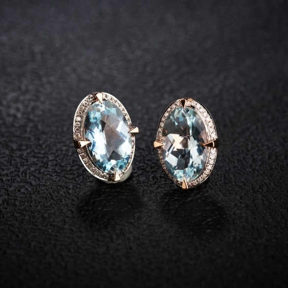 14k Gold 3.66 Ct Natural Aquamarine & Diamond Earrings - 6