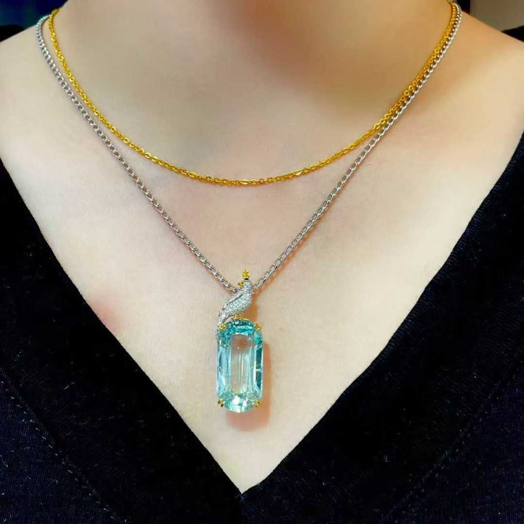 14k Gold 15.2 Ct Natural Aquamarine & Diamond Pendant( Without Chain ) - 4