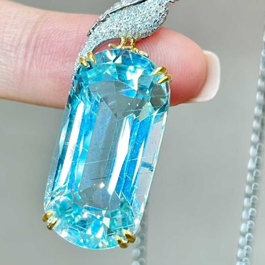 14k Gold 15.2 Ct Natural Aquamarine & Diamond Pendant( Without Chain ) - 5