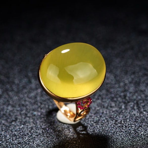 14k Gold 20 Ct Natural Prehnite & Ruby Ring - 3