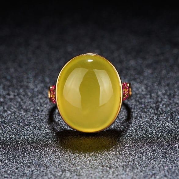 14k Gold 20 Ct Natural Prehnite & Ruby Ring - 4