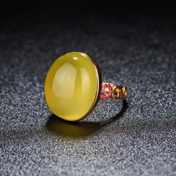 14k Gold 20 Ct Natural Prehnite & Ruby Ring - 5