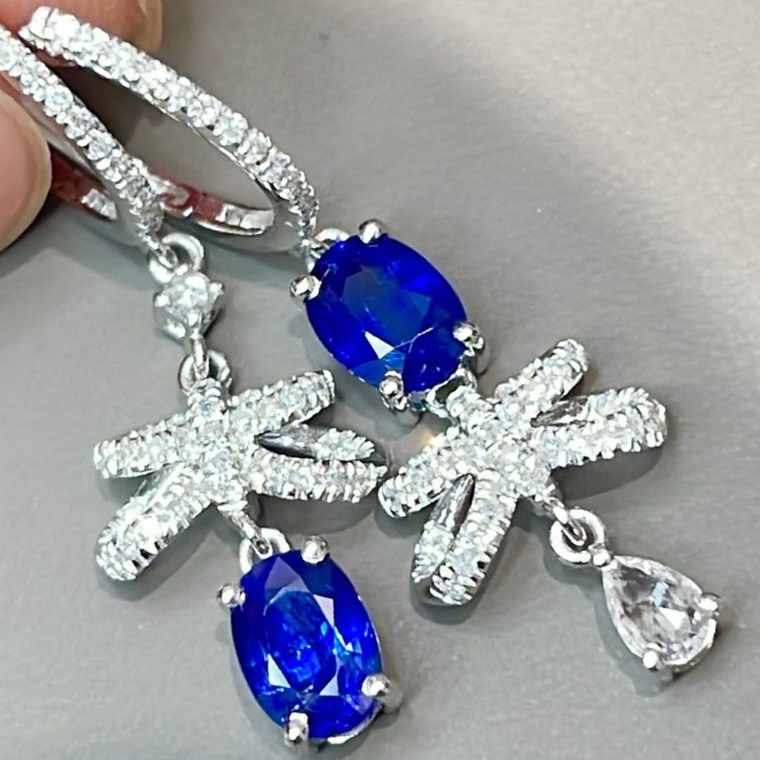14k Gold 1.02 Ct Natural Sapphire & Diamond Earrings - 2